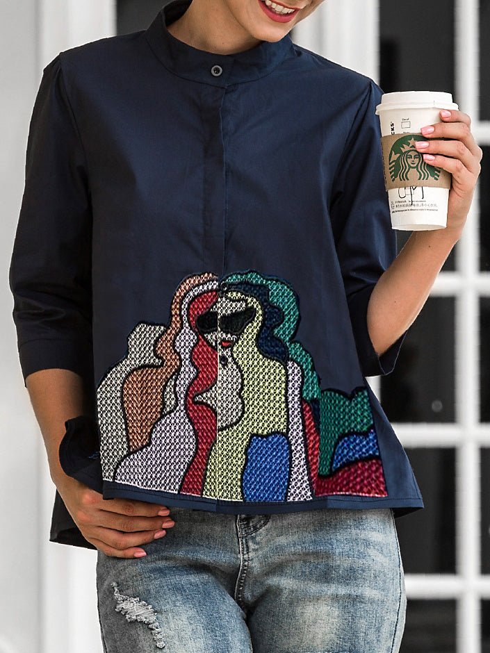 Blouses - Embroidered Button Mid Sleeve Casual Blouse - MsDressly