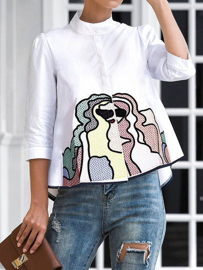 Blouses - Embroidered Button Mid Sleeve Casual Blouse - MsDressly