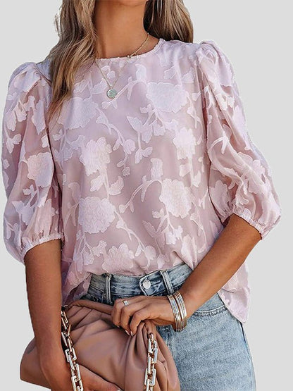 Blouses - Floral Print Puff Half Sleeves Blouse - MsDressly