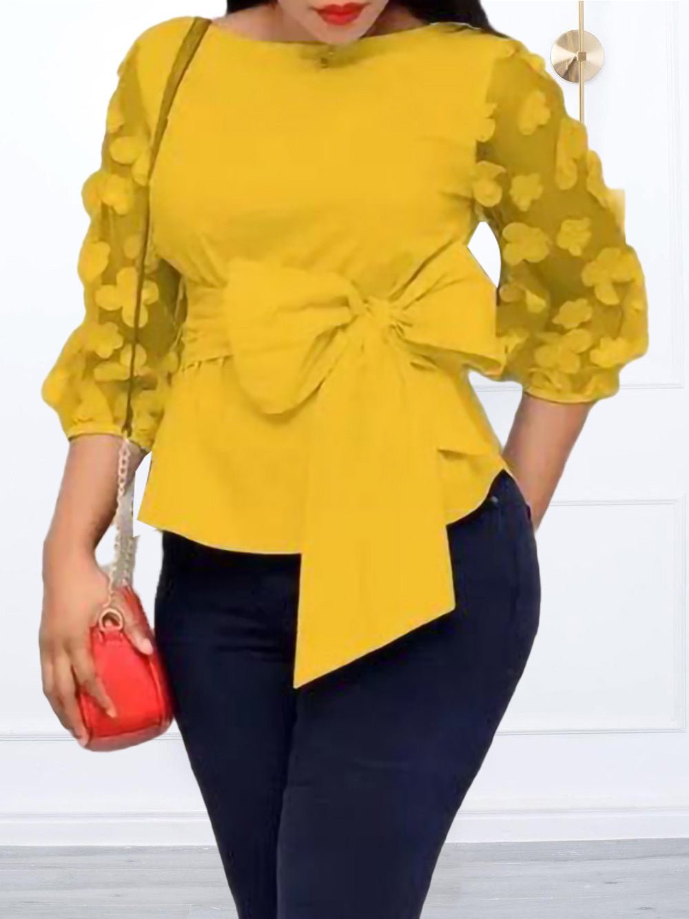 Blouses - Jacquard Mesh Panel Tie Bow Blouse - MsDressly