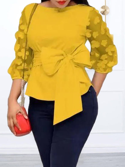 Blouses - Jacquard Mesh Panel Tie Bow Blouse - MsDressly