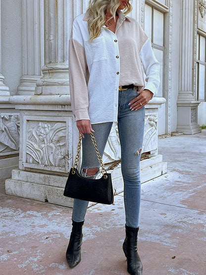 Blouses - Long Sleeve Casual Color Matching Blouse - MsDressly