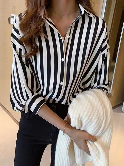 Blouses - Long Sleeve Collar Button Stripe Blouse - MsDressly