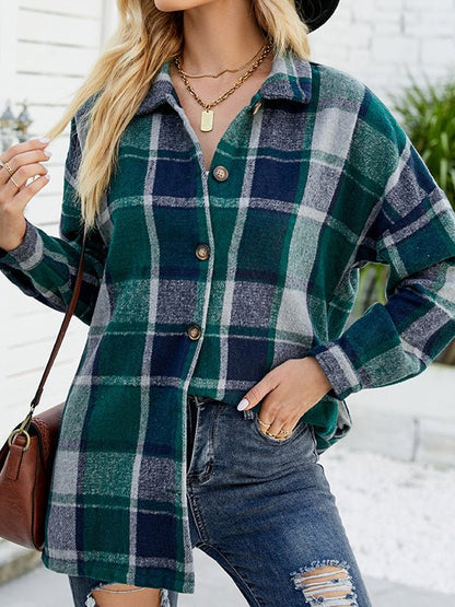 Blouses - Long Sleeve Plaid Wool Medium Long Blouse - MsDressly