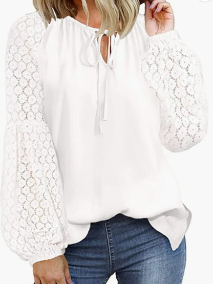 Loose Crew Neck Tie Lace Long Sleeve Blouse