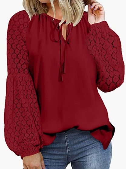 Loose Crew Neck Tie Lace Long Sleeve Blouse