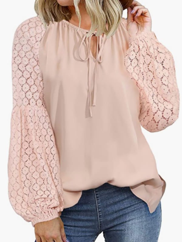 Loose Crew Neck Tie Lace Long Sleeve Blouse