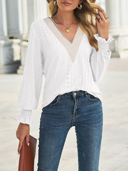 Blouses - Loose Cut Out Lace Panel V-Neck Lace Blouse - MsDressly