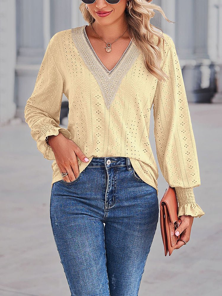 Blouses - Loose Cut Out Lace Panel V-Neck Lace Blouse - MsDressly