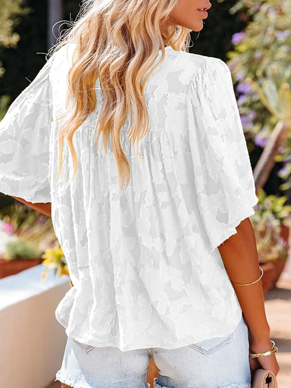 Blouses - Loose Hollow Floral Short Sleeve Blouse - MsDressly