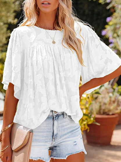 Loose Hollow Floral Short Sleeve Blouse