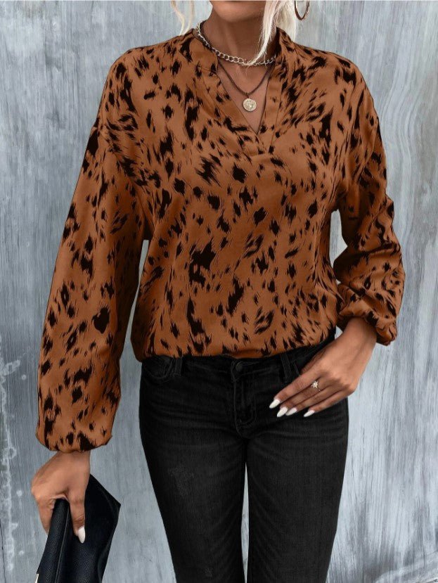 Blouses - Loose V-Neck Printed Long Sleeve Blouse - MsDressly