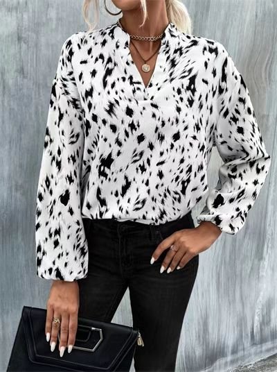 Blouses - Loose V-Neck Printed Long Sleeve Blouse - MsDressly