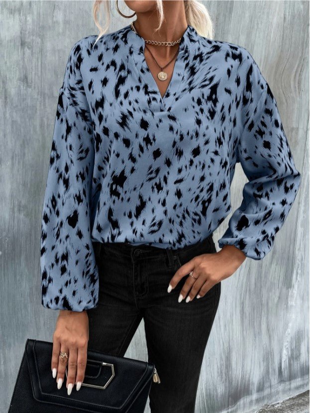 Blouses - Loose V-Neck Printed Long Sleeve Blouse - MsDressly