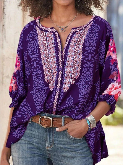 Blouses - Loose Vintage Print Long Sleeve Blouses - MsDressly
