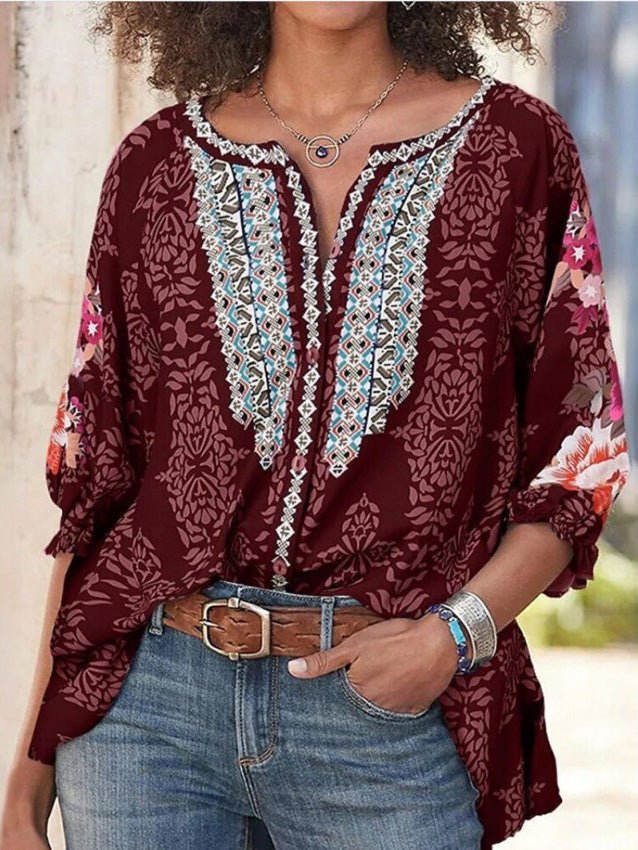 Blouses - Loose Vintage Print Long Sleeve Blouses - MsDressly