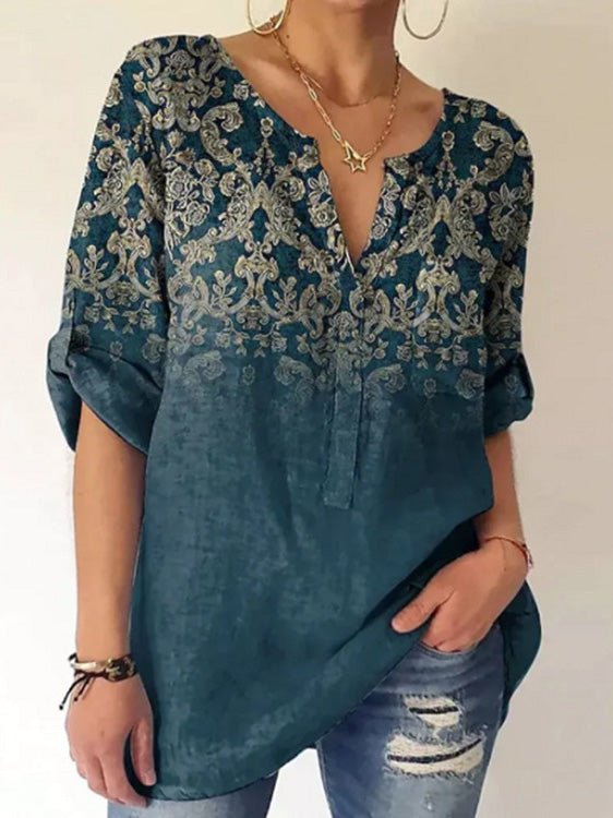 Blouses - Printed V-Neck Long Sleeve Casual Blouse - MsDressly