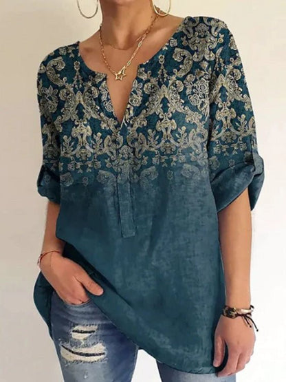 Blouses - Printed V-Neck Long Sleeve Casual Blouse - MsDressly