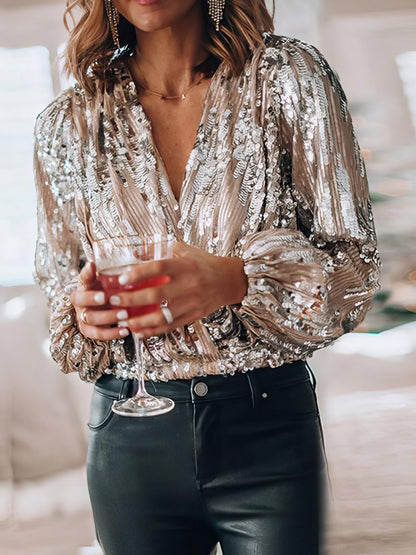 Blouses - Sequined V-Neck Long Sleeve Blouse - MsDressly