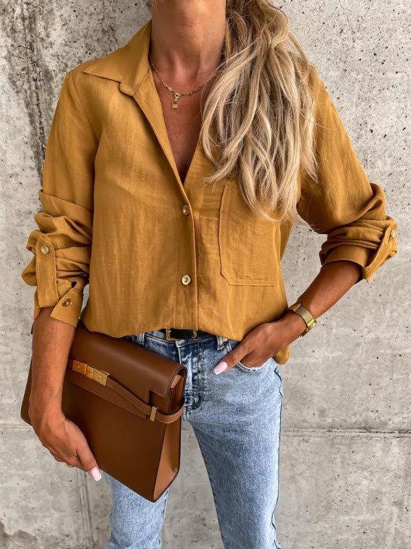 Blouses - Simple Solid Lapel Button Long Sleeve Blouses - MsDressly