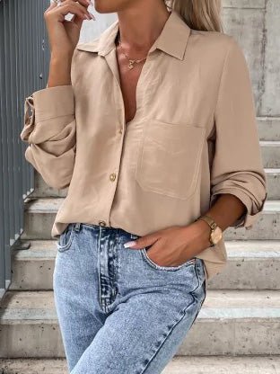 Blouses - Simple Solid Lapel Button Long Sleeve Blouses - MsDressly