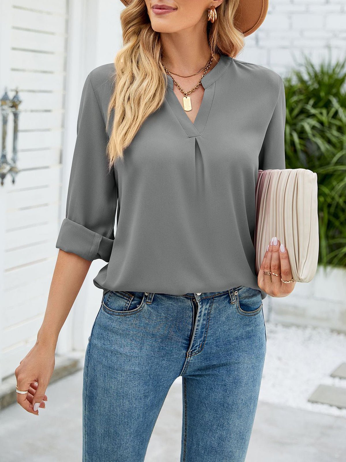 Blouses - Solid Color Loose Chiffon V-Neck Long Sleeve Blouse - MsDressly