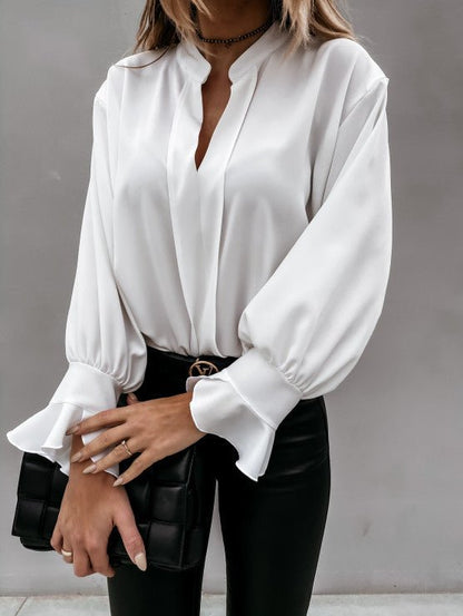 Blouses - Solid V-Neck Ruffle Long Sleeve Blouse - MsDressly