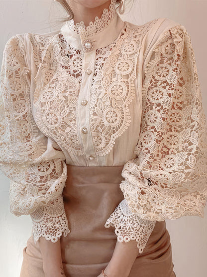 Blouses - Stand Collar Hollow Lace Pearl Button Blouses - MsDressly
