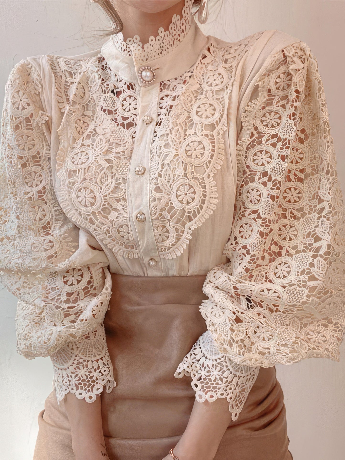 Stand Collar Hollow Lace Pearl Button Blouses