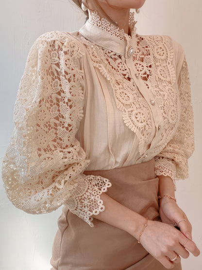 Blouses - Stand Collar Hollow Lace Pearl Button Blouses - MsDressly