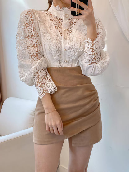 Blouses - Stand Collar Hollow Lace Pearl Button Blouses - MsDressly