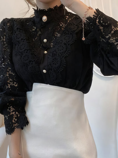 Stand Collar Hollow Lace Pearl Button Blouses