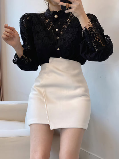 Blouses - Stand Collar Hollow Lace Pearl Button Blouses - MsDressly