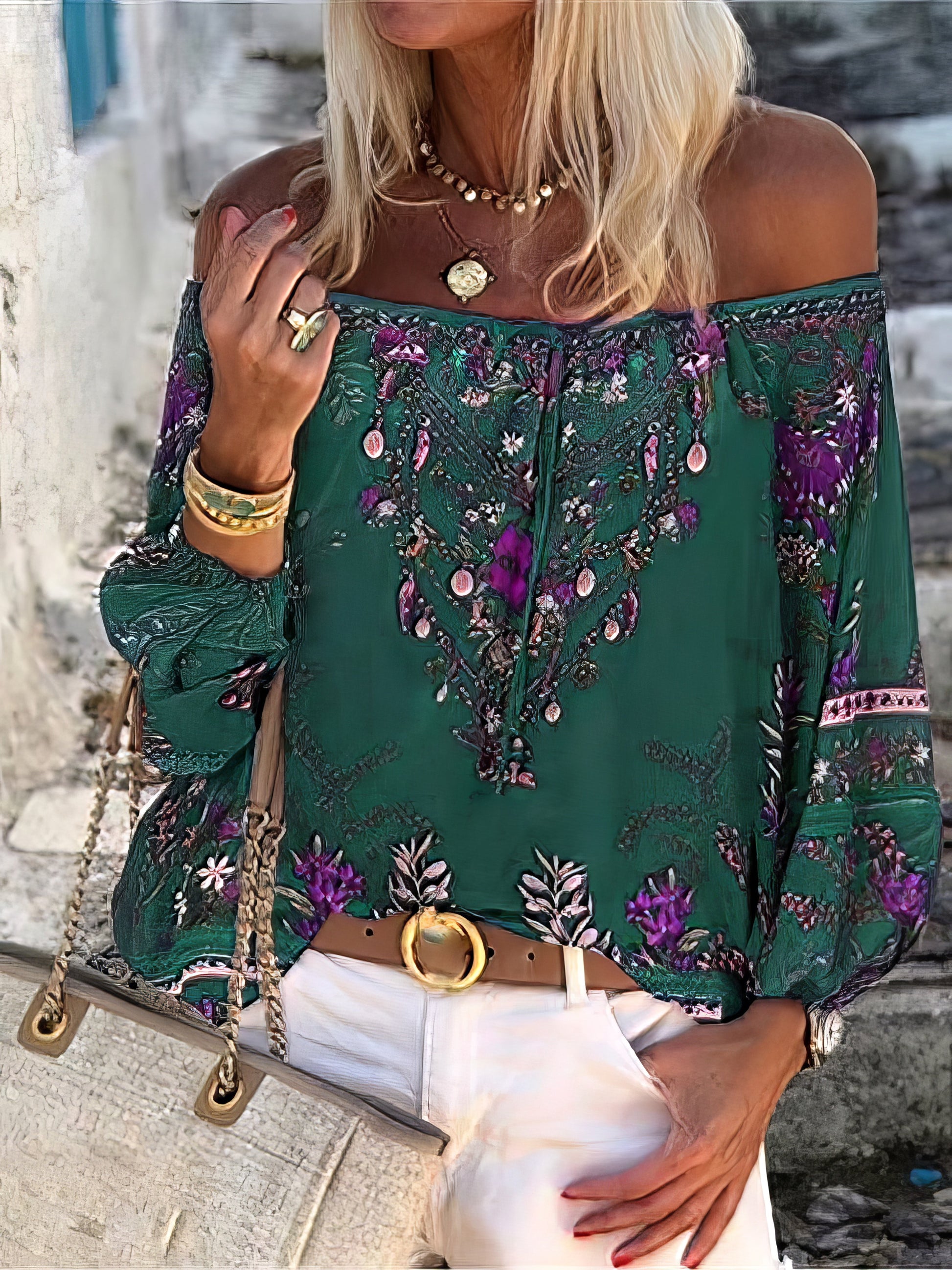 Blouses - Women's Blouses Vintage Print Boat Neck Belted Long Sleeve Blouse - MsDressly