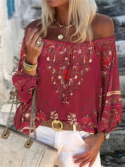 Blouses - Women's Blouses Vintage Print Boat Neck Belted Long Sleeve Blouse - MsDressly