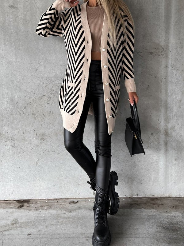 Cardigans - Strip Print Button Knitted Cardigan - MsDressly