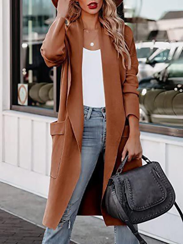 Coats - Casual Lapel Pocket Long Wool Coat - MsDressly