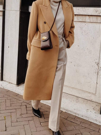 Coats - Lapel Button Long Sleeve Woolen Coat - MsDressly