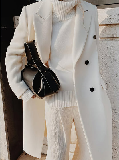 Coats - Lapel Button Long Sleeve Woolen Coat - MsDressly