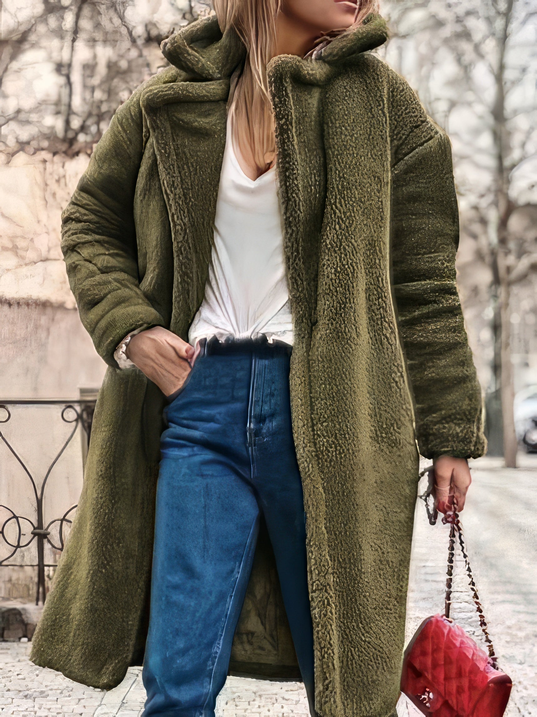 Coats - Women's Coats Lapel Long Sleeve Padded Lamb Hair Long Coat - MsDressly