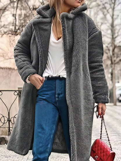 Coats - Women's Coats Lapel Long Sleeve Padded Lamb Hair Long Coat - MsDressly