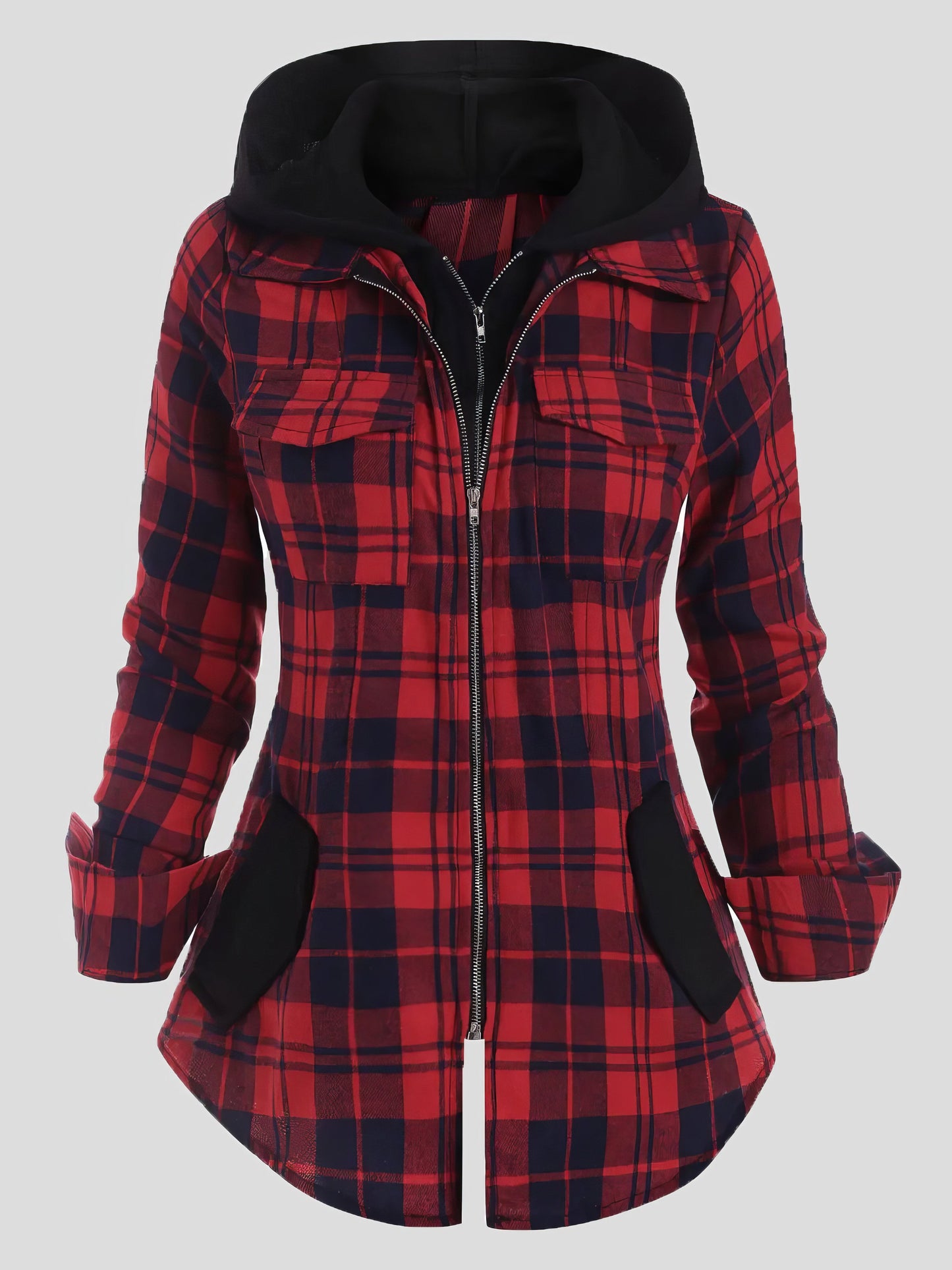 Coats - Plaid Pocket Zipper Long Sleeve Hooded Coats - MsDressly