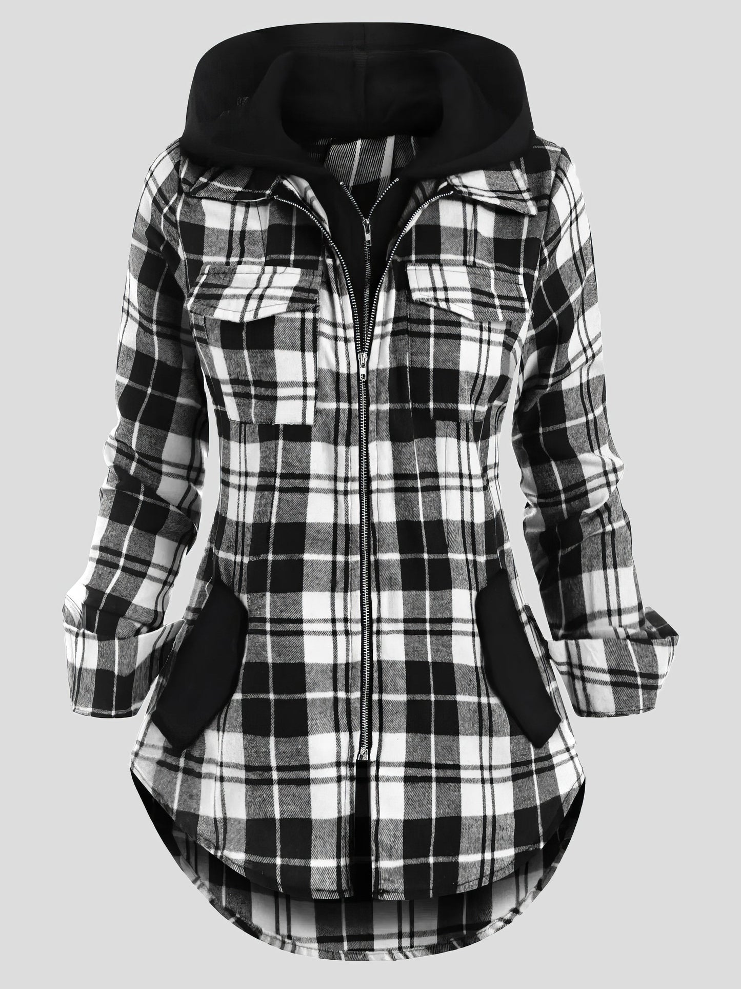 Coats - Plaid Pocket Zipper Long Sleeve Hooded Coats - MsDressly