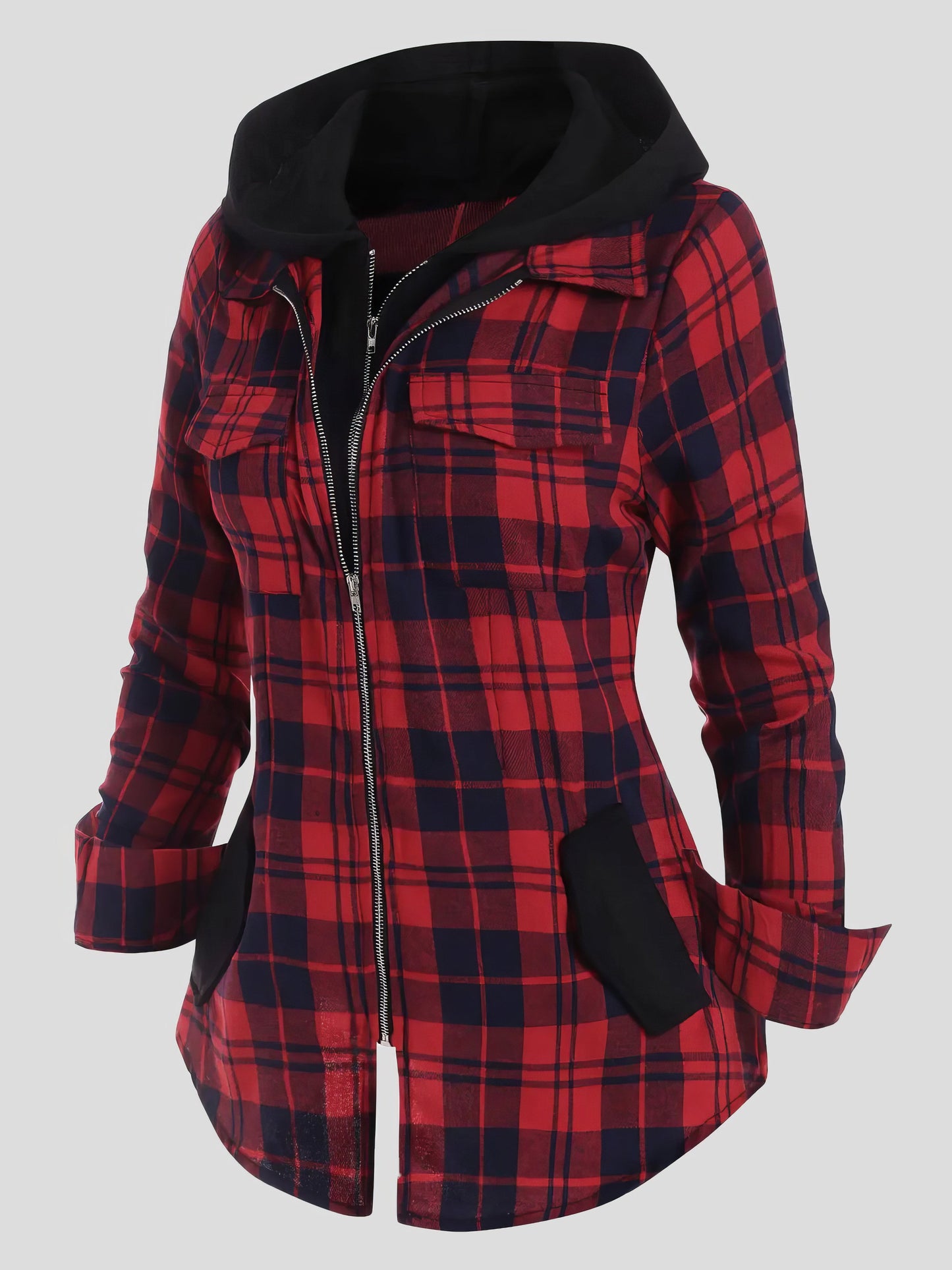Coats - Plaid Pocket Zipper Long Sleeve Hooded Coats - MsDressly