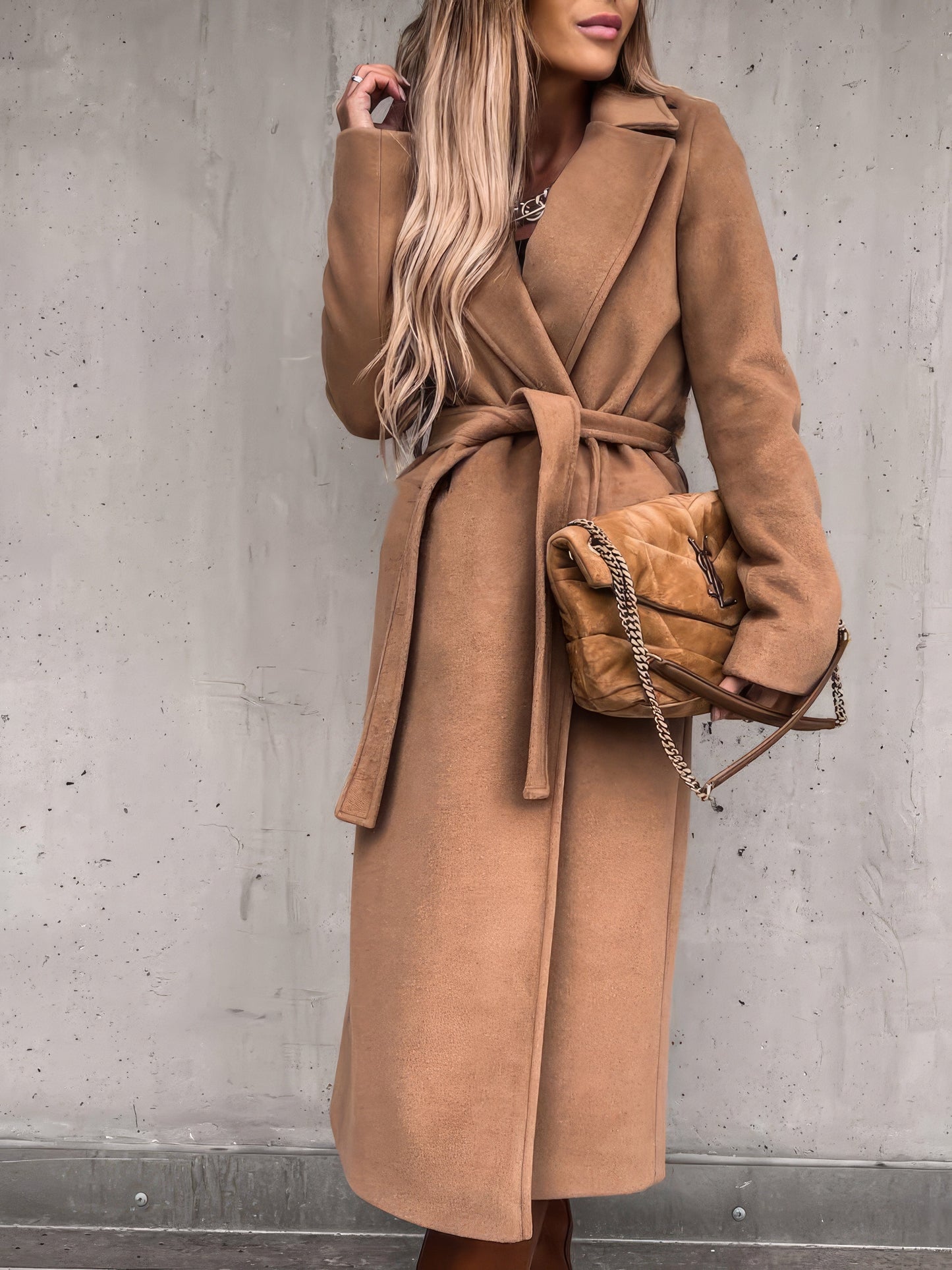 Coats - Simple Lapel Belted Long Sleeve Woolen Coat - MsDressly