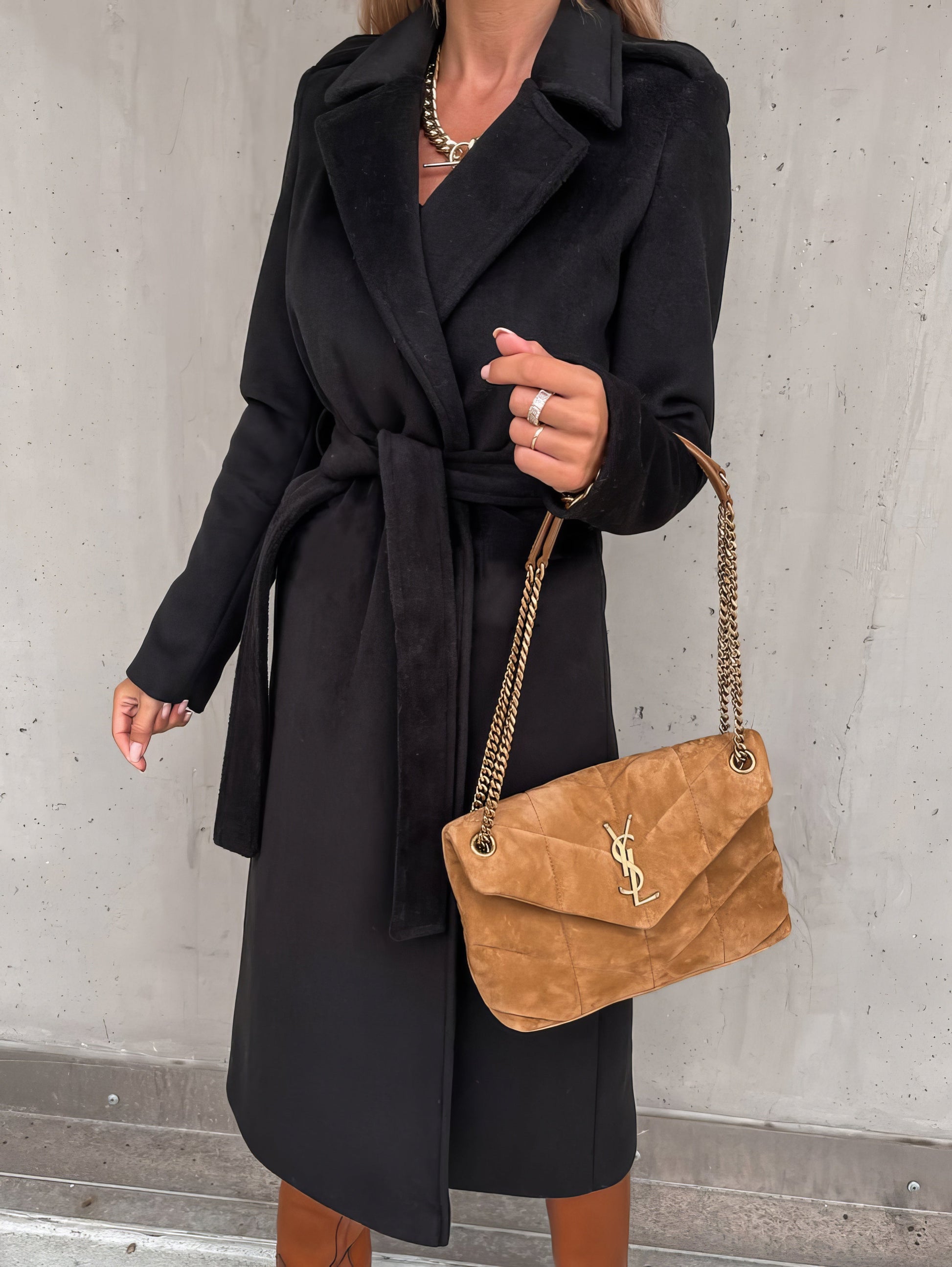 Coats - Simple Lapel Belted Long Sleeve Woolen Coat - MsDressly