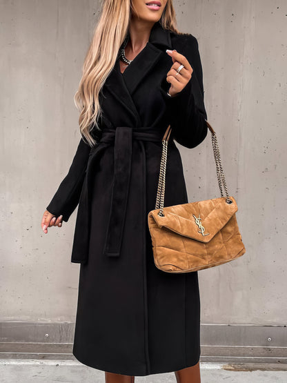 Coats - Simple Lapel Belted Long Sleeve Woolen Coat - MsDressly