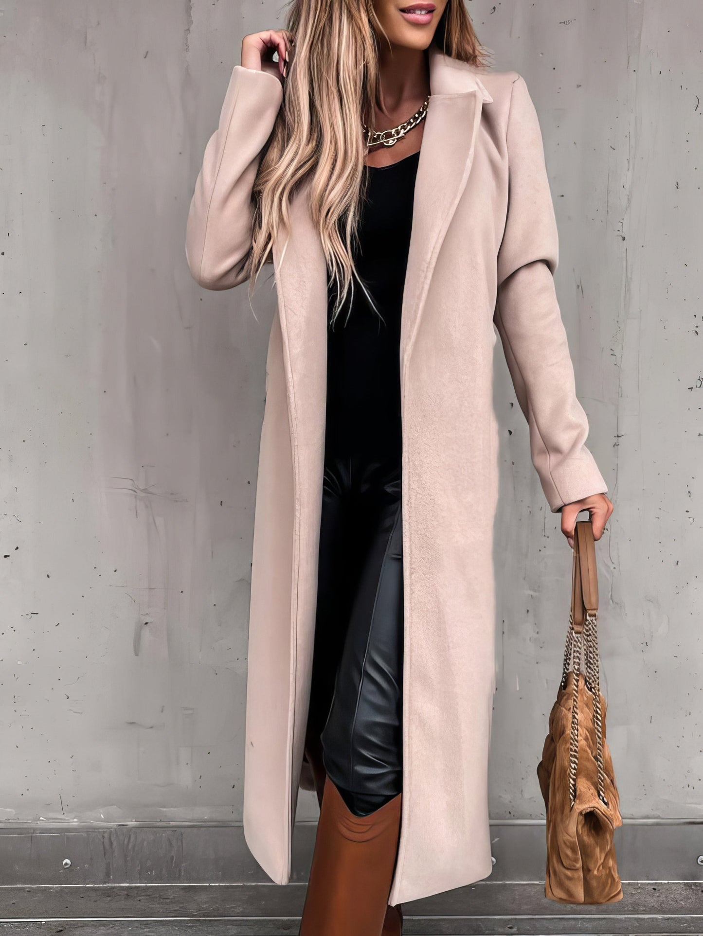Coats - Simple Lapel Belted Long Sleeve Woolen Coat - MsDressly
