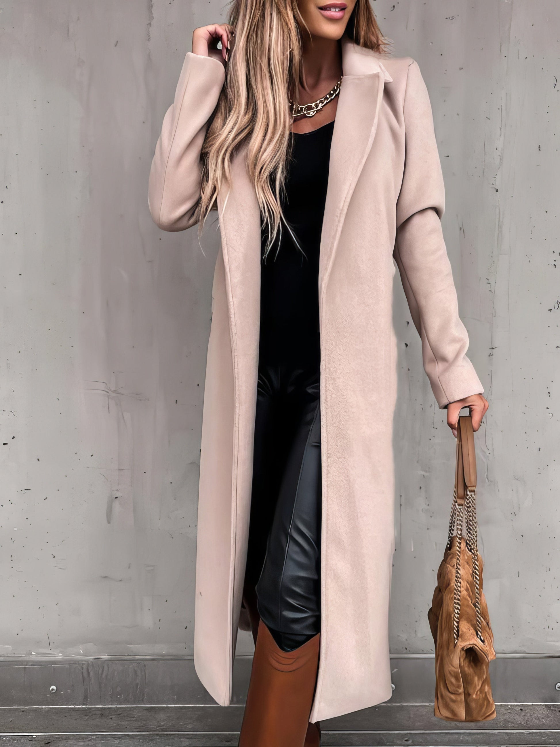 Coats - Simple Lapel Belted Long Sleeve Woolen Coat - MsDressly