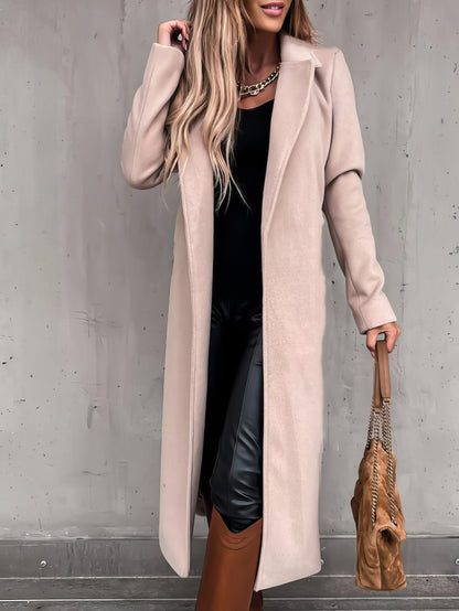 Coats - Simple Lapel Belted Long Sleeve Woolen Coat - MsDressly